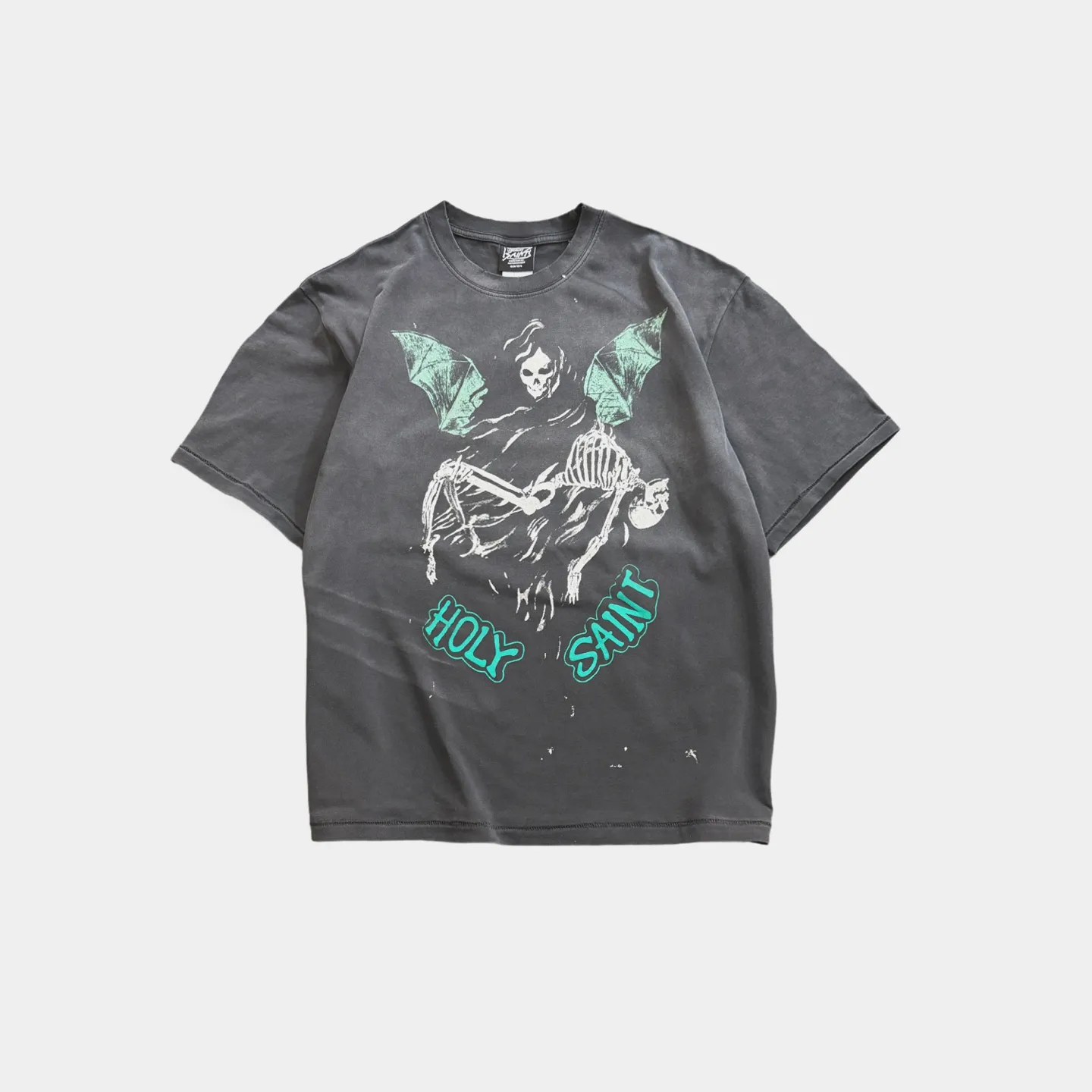 ❥8028#P146 Saint Mxxxxxx bat skull new style, made of double yarn cotton batik fabric, 290 grams, comfortable and breathable to wear. Full of street feel, loose fit. Craftsmanship: holes + direct printing + graffiti + spray coding, batik and wash. Size: (S-M-L-XL) Color: Washed Black